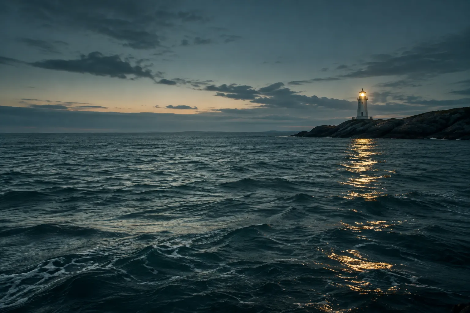 A small lighthouse on a rocky coast, its warm light reflected across open water. An imagined coastal scene.